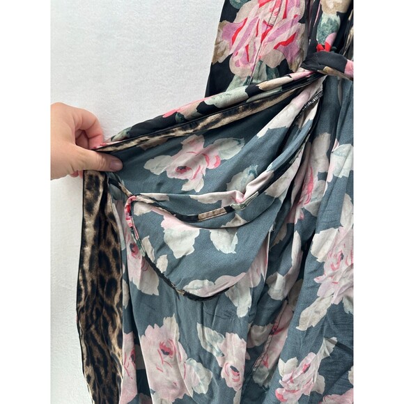 R13 Silk Smoking Robe With Piping Black Floral Leopard Print Size M Tie Belt - Picture 8 of 16